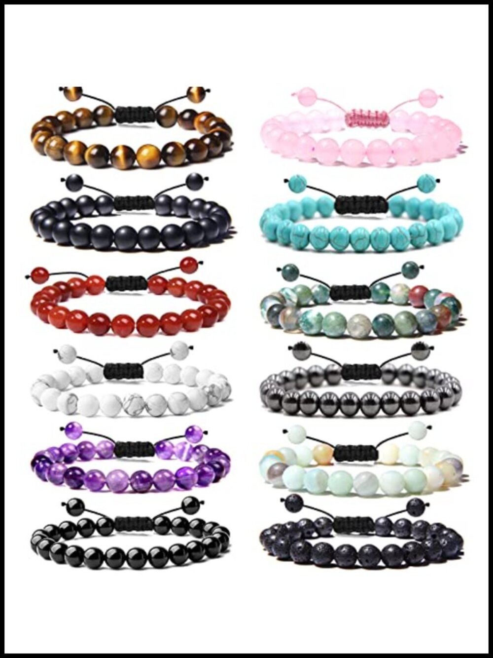 12 Pc 8mm Beaded Gemstone Bracelet Set Adjustable Energy Stone Unisex